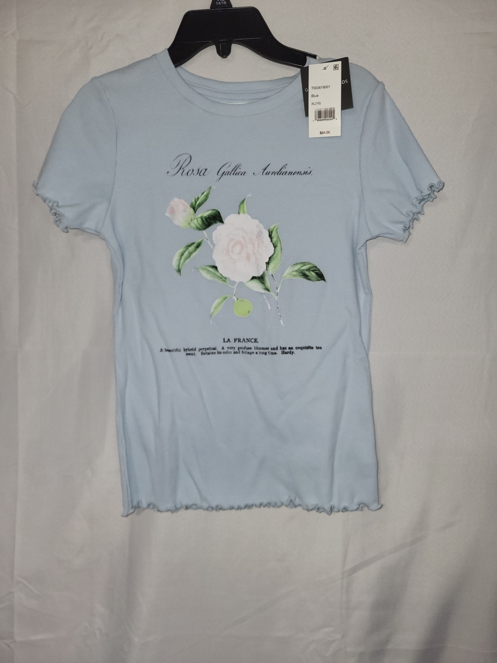 Nwt Girls Size XL 16 Grayson Threads Light Blue Ribbed Floral Graphic Tee